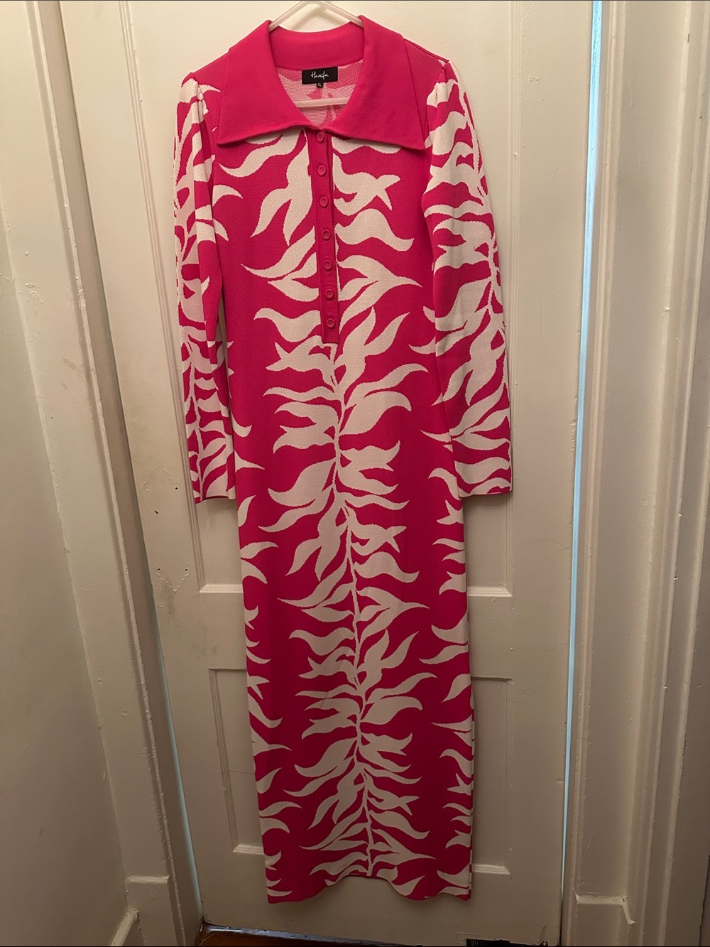 Hanifa Soraya Pink and White Knit Maxi Dress With Collar.